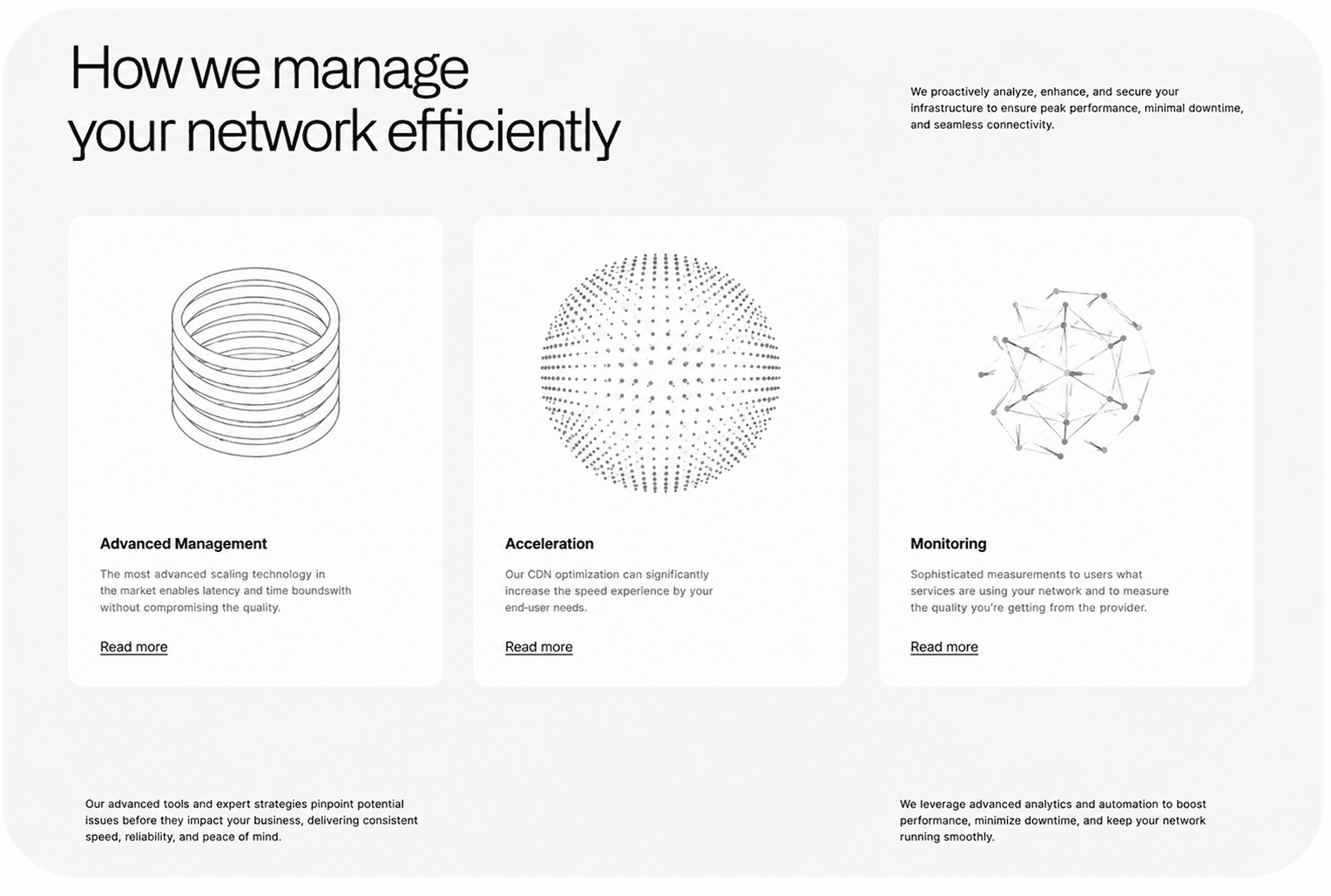 Archival index aesthetic in practice: a clean three-card grid with explicit labels, monospace accents, and densely typed technical copy on a network management page