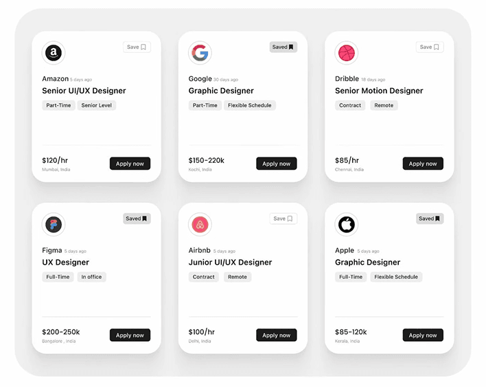 Card grid of job listings with logos, role labels, tags, and rates, an example of clearly labelled components that a screen reader and a crawler can both parse
