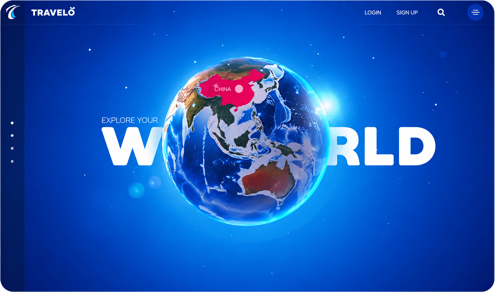 Full-bleed 3D globe hero on a travel site, where the rendered object sits in front of the headline text and carries most of the page weight