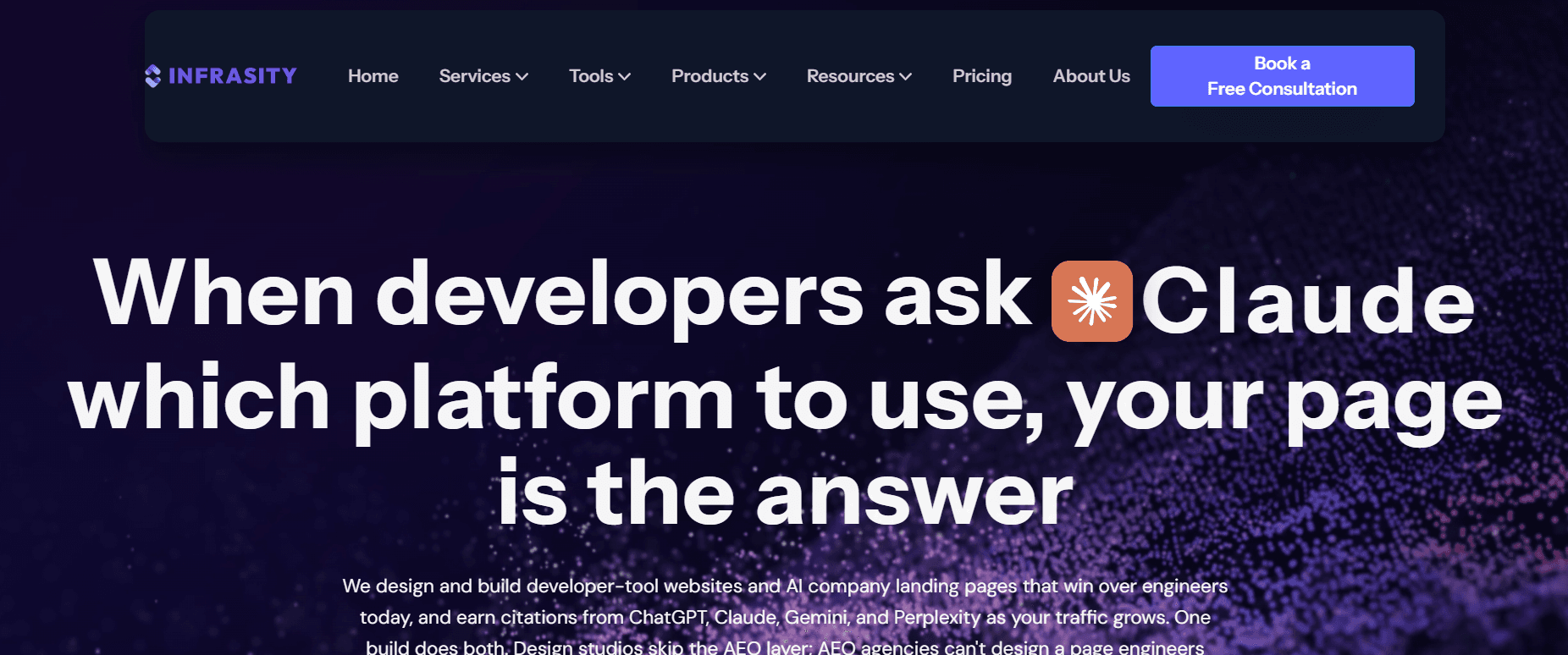 Infrasity homepage shipping a dark palette as the primary theme, with a text headline and a server-rendered subhead below it