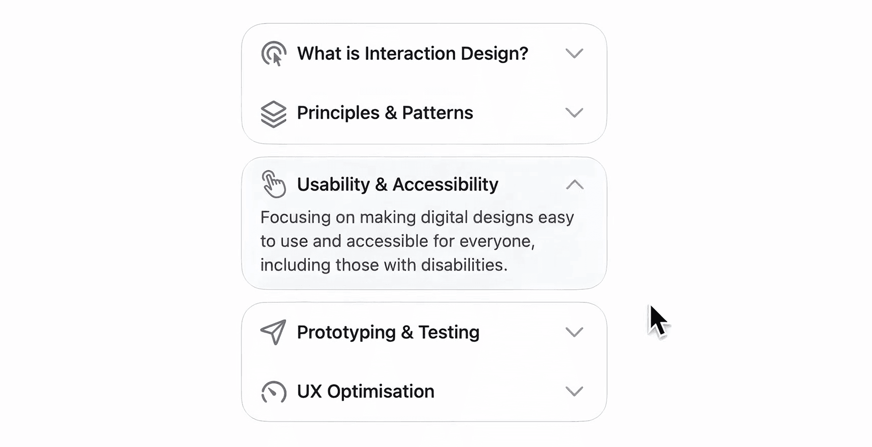 Accordion component with the Usability and Accessibility panel expanded under the cursor, an example of a micro-interaction attached to markup that already exists in the HTML