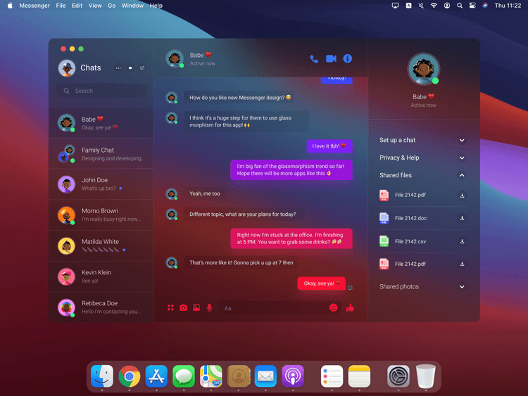 Glassmorphism 2.0 in a desktop messenger concept: translucent frosted panels with soft shadows and diffused blur layered over a colored background