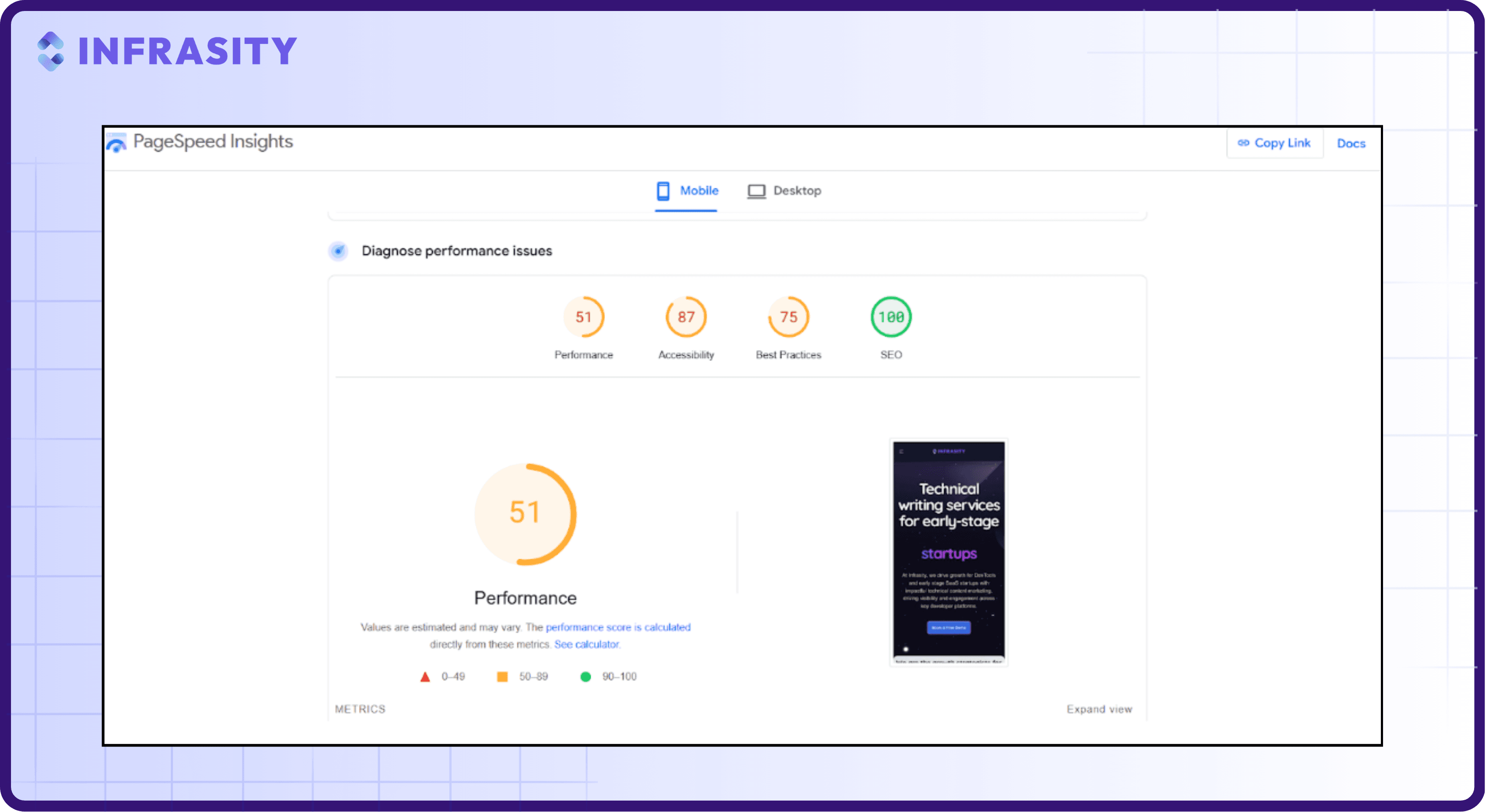 "performance score on google page insights"