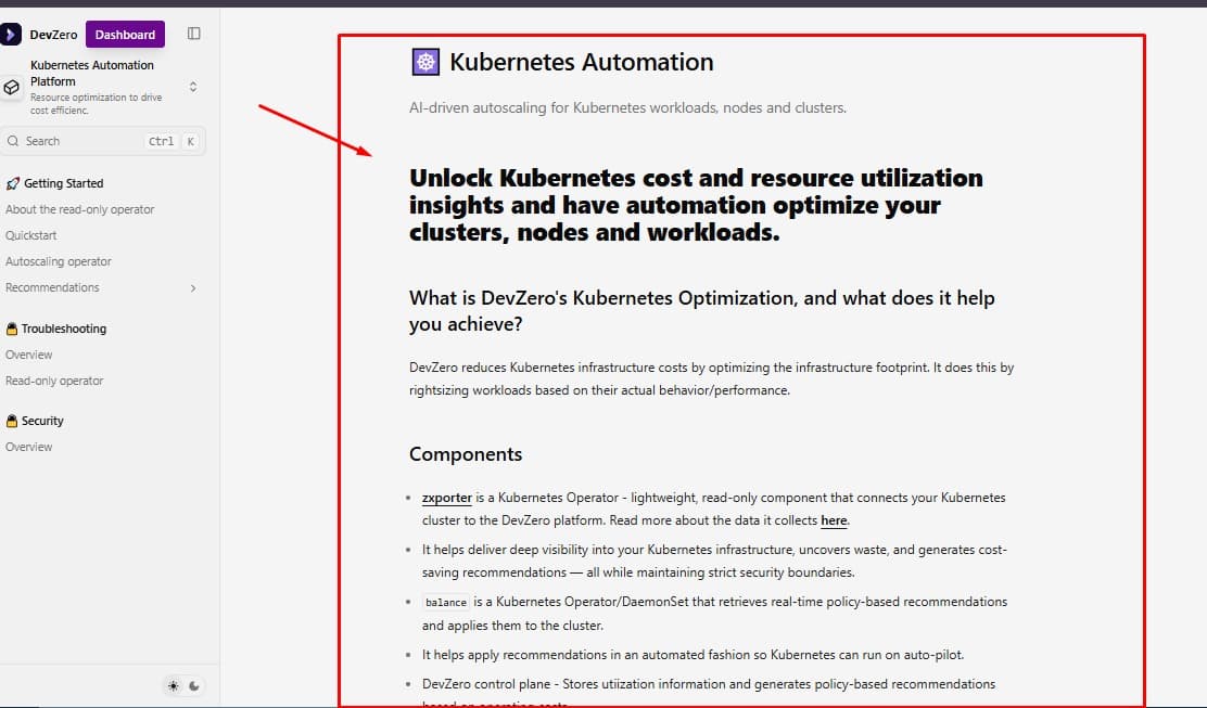 Snapshot of Product documentation on DevZero on Kubernetes Automation
