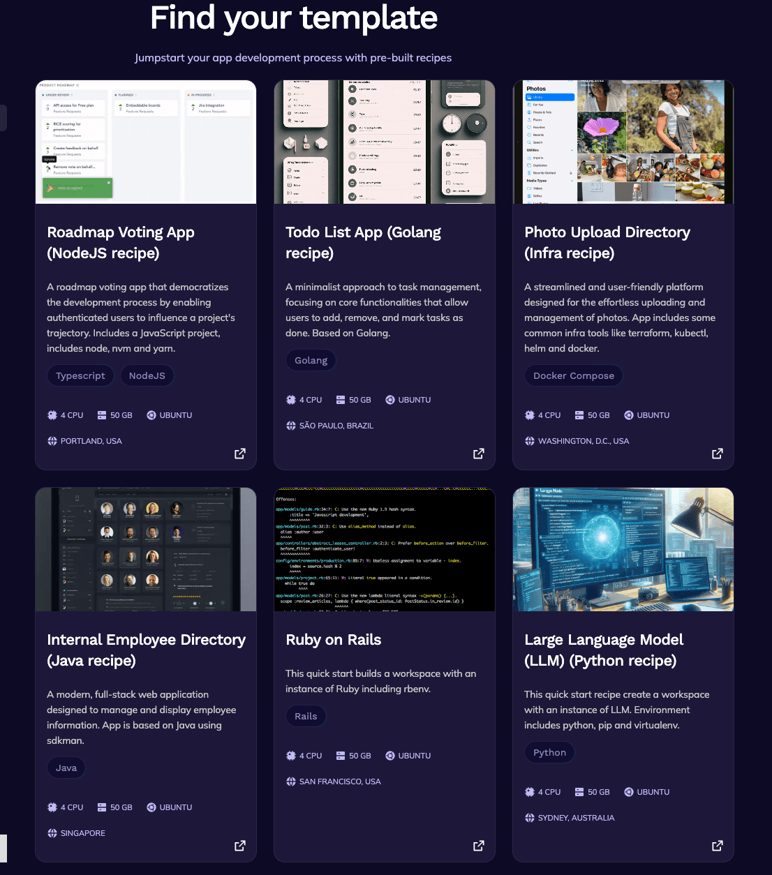 Snapshot of Starter Templates designed to help developers quickly start projects. The templates includes, Internal Employee Directory ( Java recipe), Large Language Model (LLM) (Python recipe), Roadmap Voting app (NodeJS recipe), Todo List App (Golang recipe).