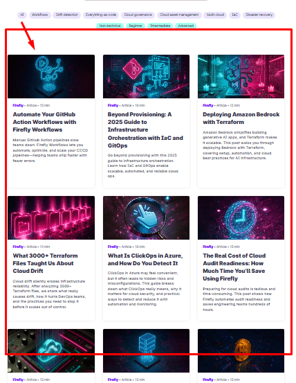 Snapshot of content academy with a list of technical blogs.