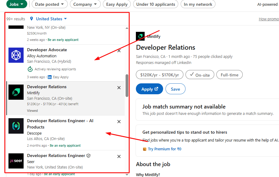 Snapshot of developer relations jobs in LinkedIn