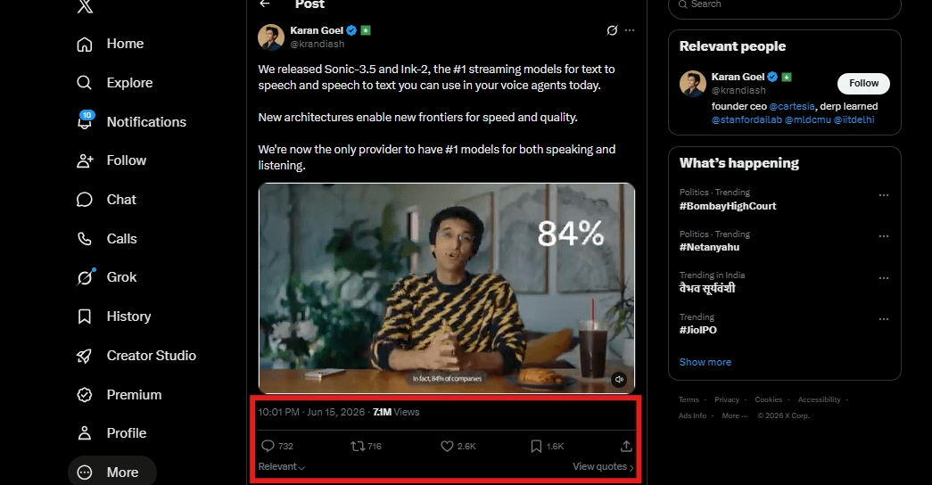 Karan Goel's launch post on X for Cartesia's Sonic-3.5 and Ink-2 models with a founder video, showing 7.1M views, 732 replies, 716 reposts, 2.6K likes and 1.6K bookmarks