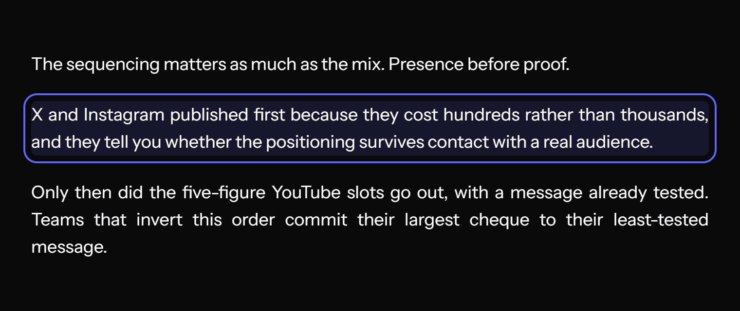 Excerpt from Infrasity's Rocket creator-program write-up explaining that X and Instagram placements published first because they cost hundreds rather than thousands and test whether the positioning survives a real audience