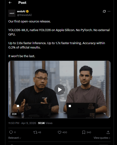 webAI's launch post on X for its first open-source release, YOLO26-MLX, with a founder demo video, showing 97.5K views, 400 likes, 340 bookmarks and 48 reposts