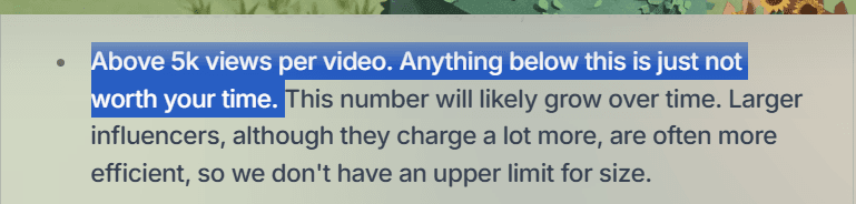 PostHog's engagement floor: above 5,000 views per video, with no upper limit on channel size
