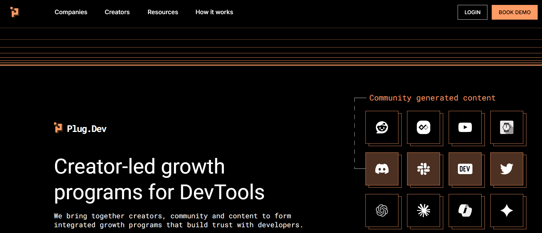 Plug.Dev homepage: creator-led growth programs for DevTools