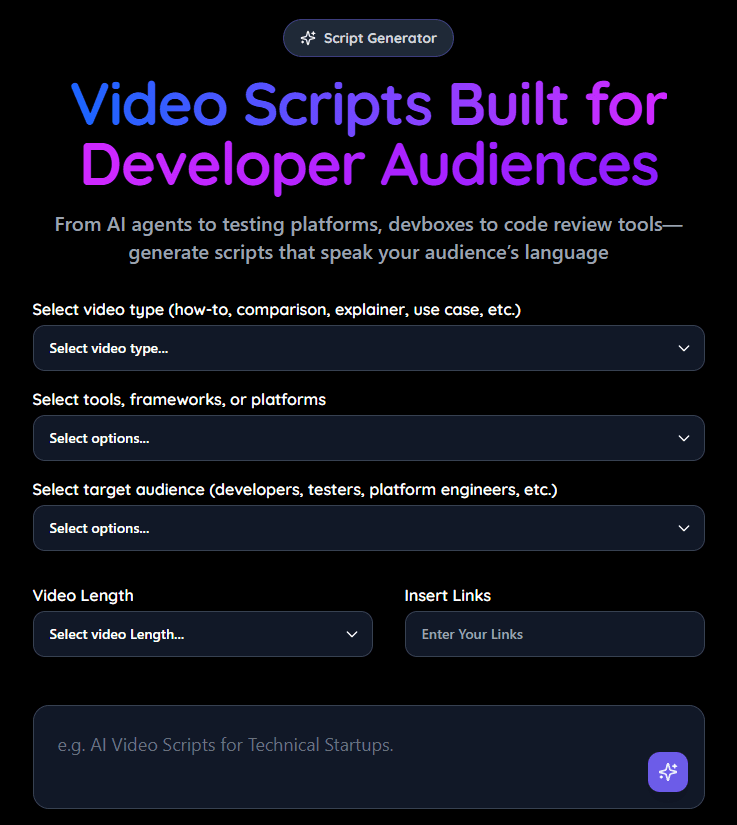 Technical Video Script Generator Interface