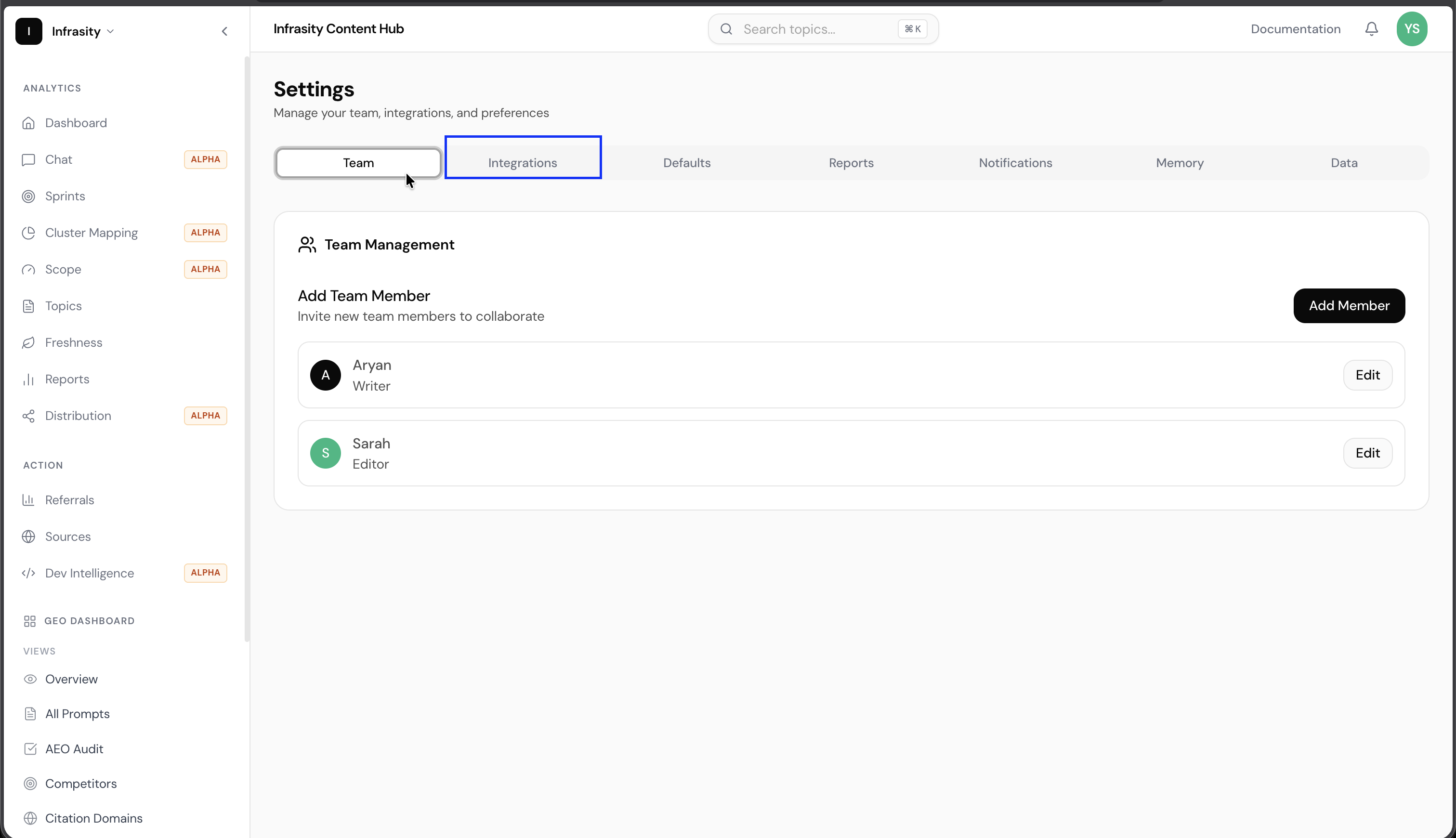 Settings page with the Integrations tab highlighted