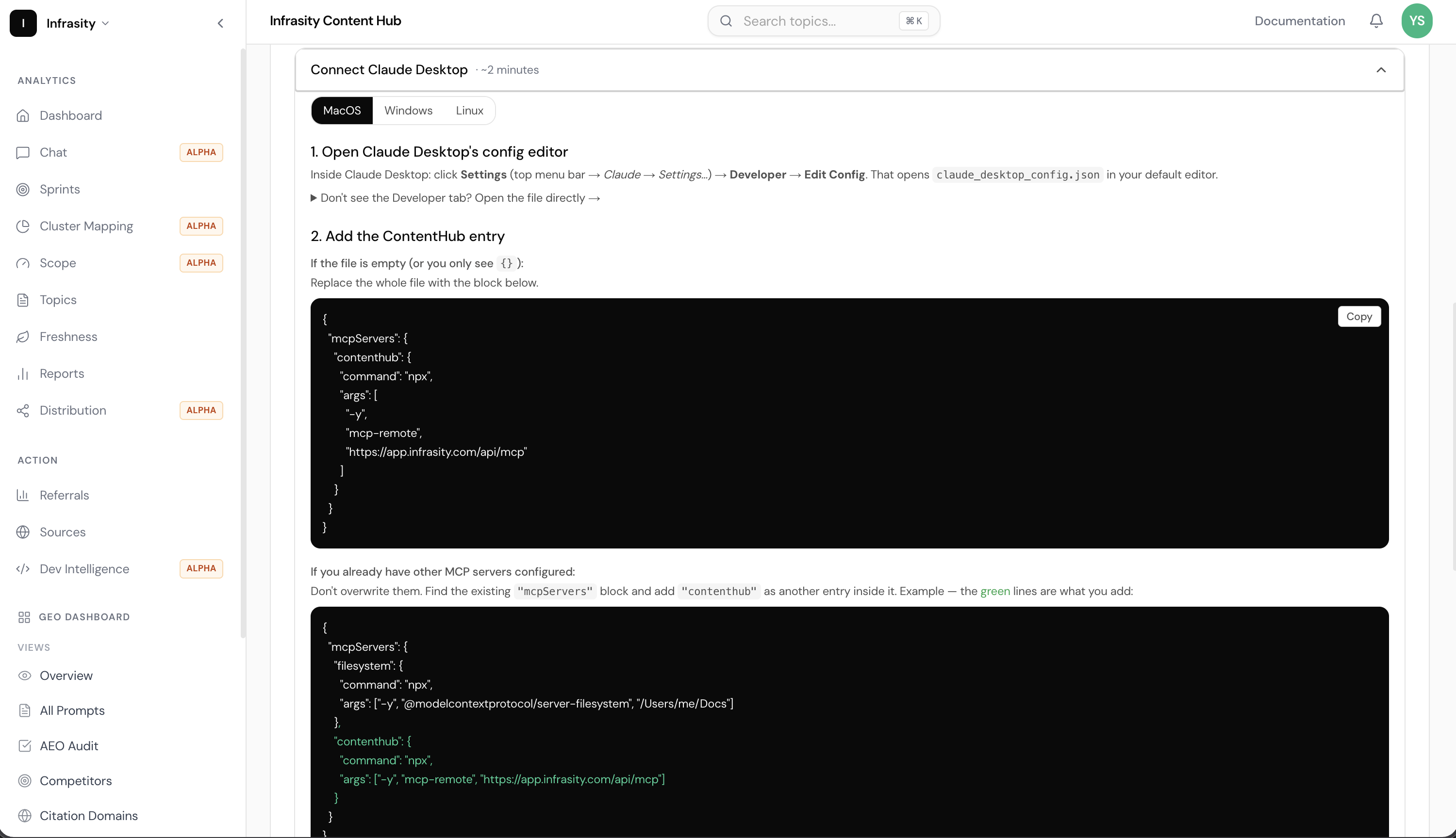 Connect Claude Desktop panel expanded, showing both numbered steps and the JSON snippet
