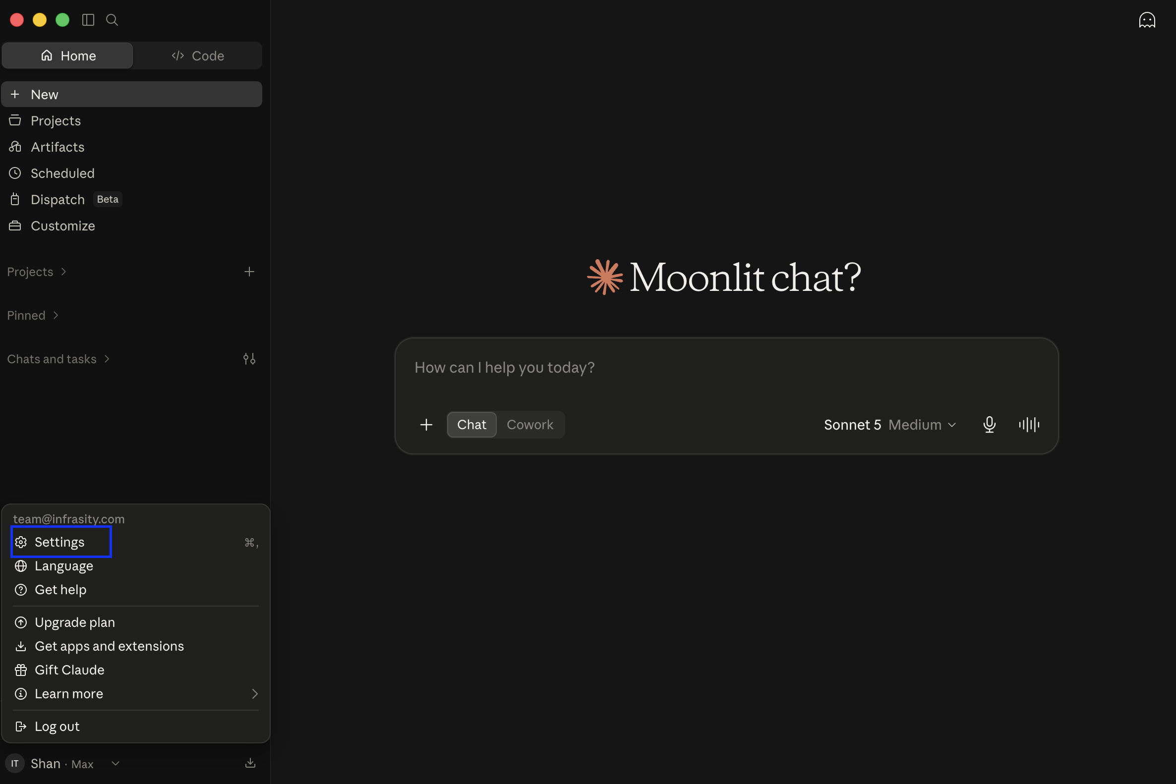 Claude Desktop account menu with Settings highlighted