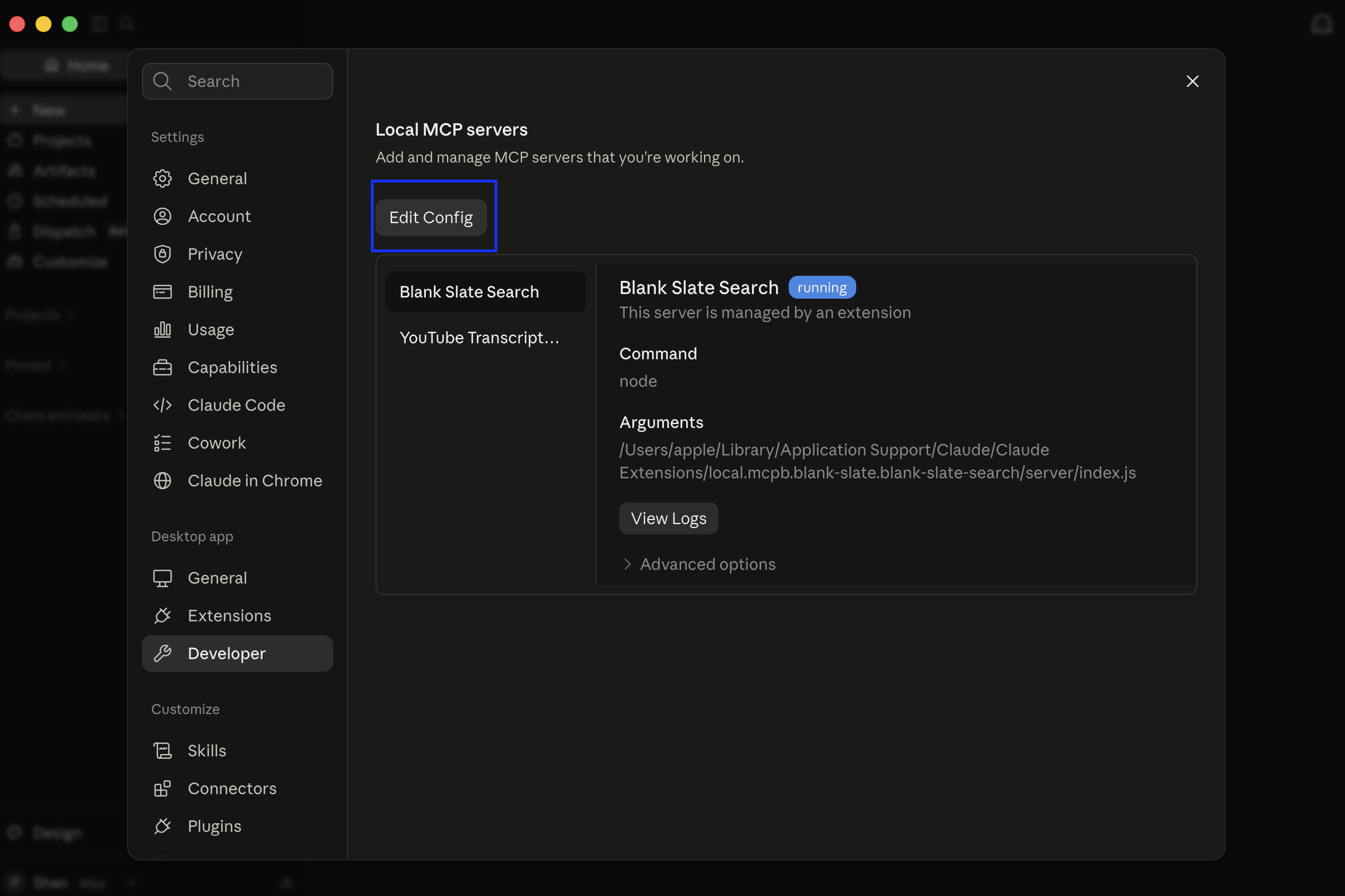 Claude Desktop Developer settings showing Local MCP servers and the Edit Config button