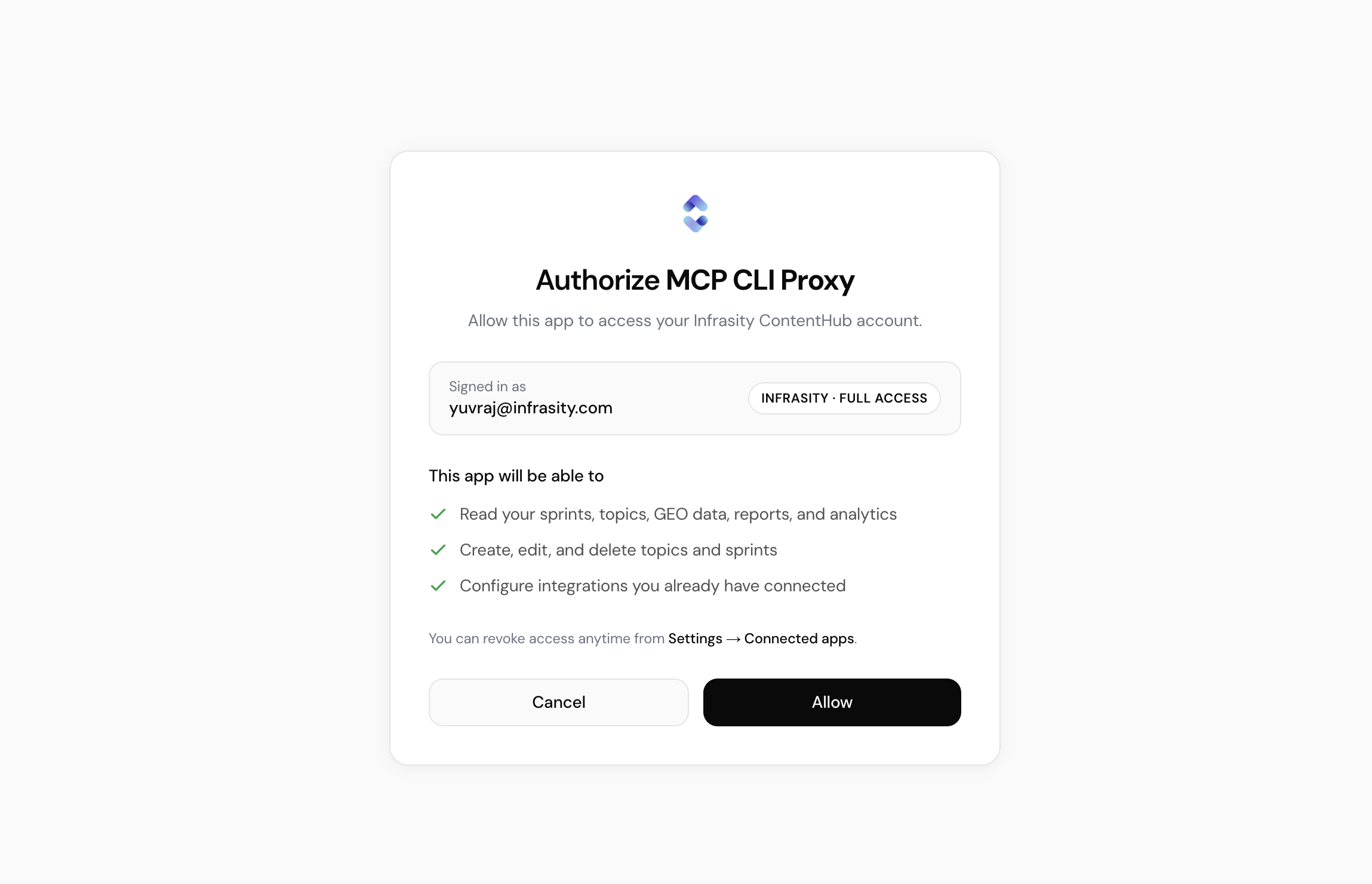 Authorize MCP CLI Proxy OAuth screen listing permissions and an Allow button