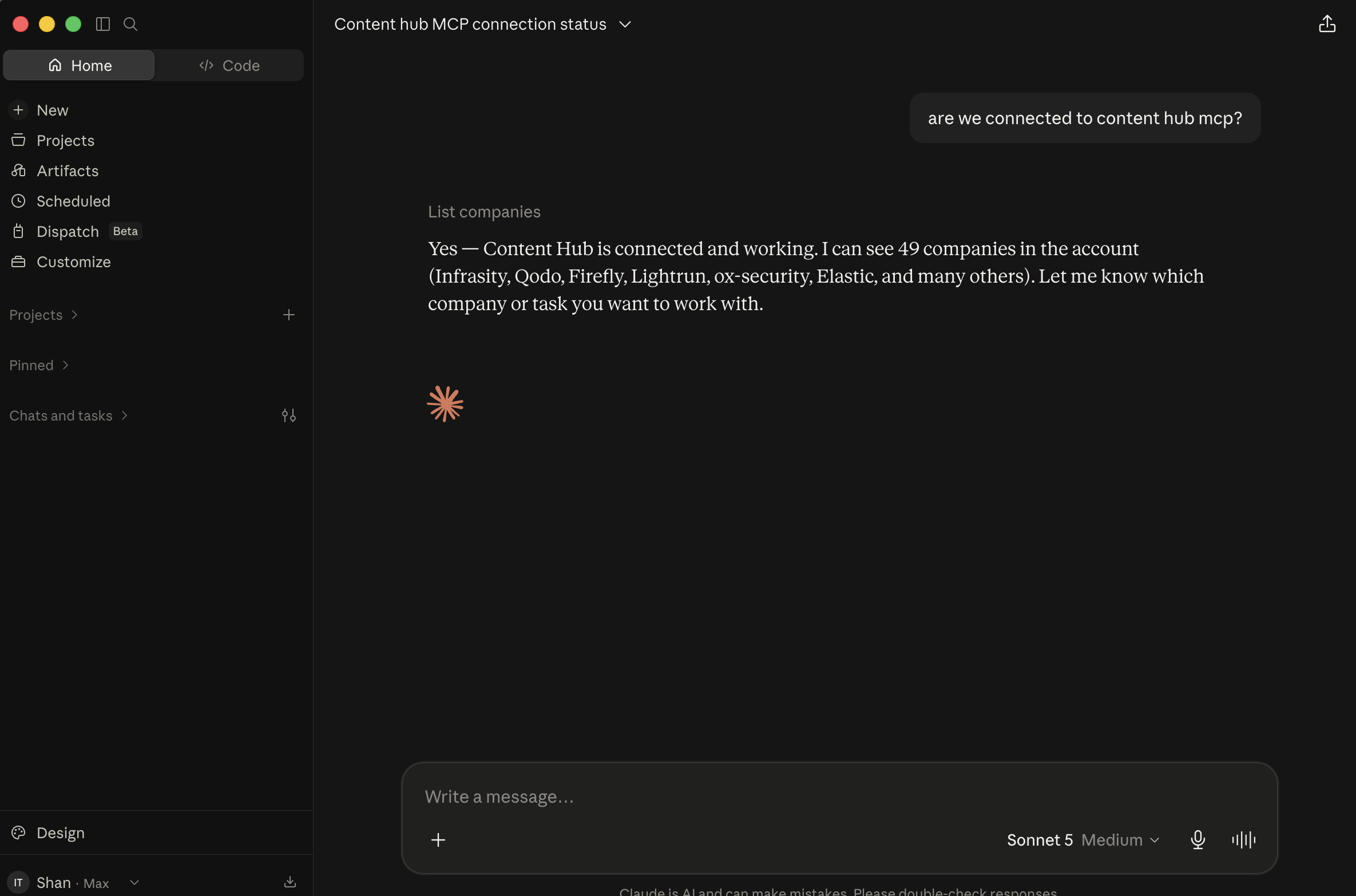 Claude Desktop confirming the Content Hub MCP connection is working