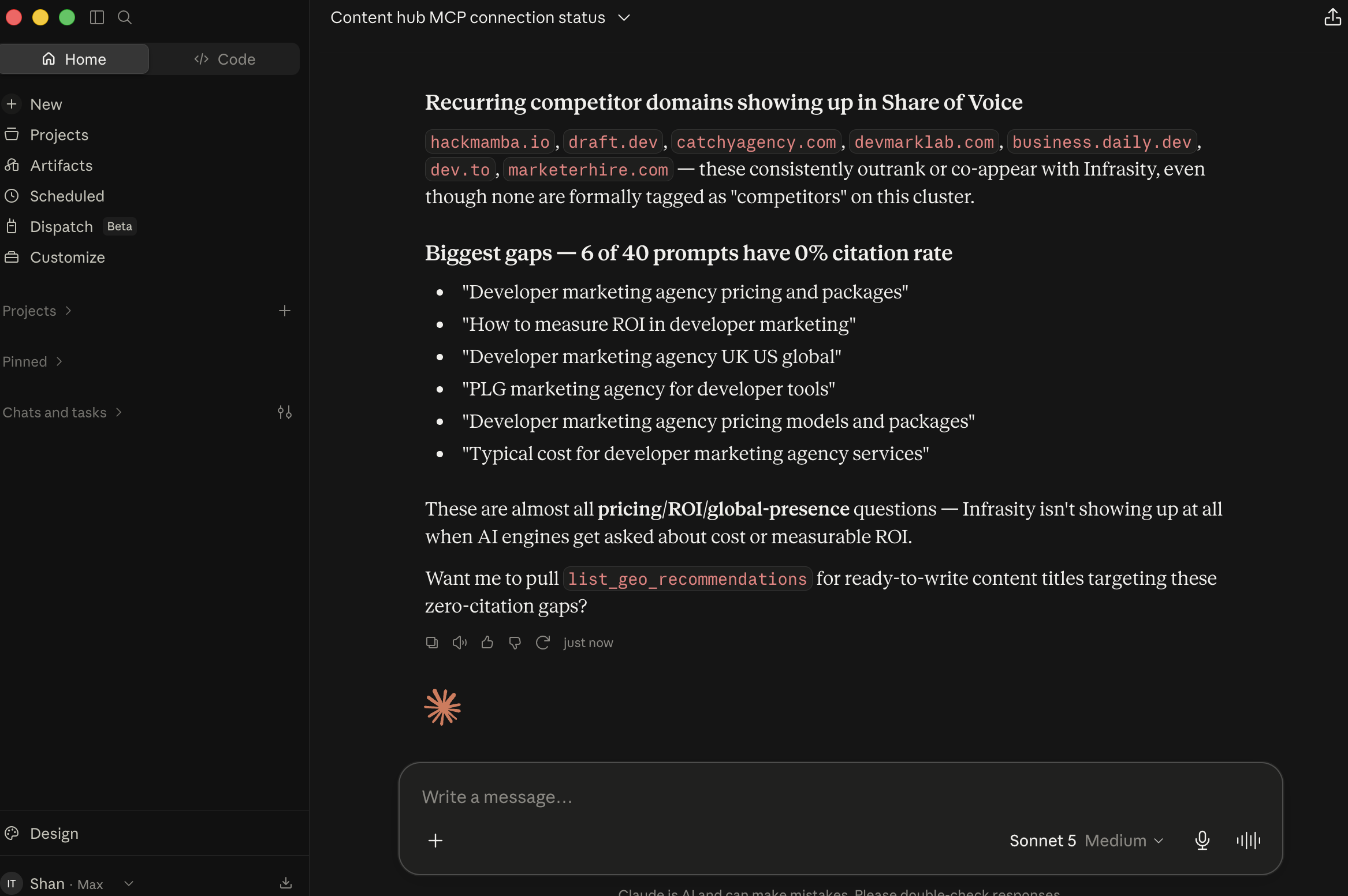 Claude's recurring competitor domains and zero-citation gap prompts