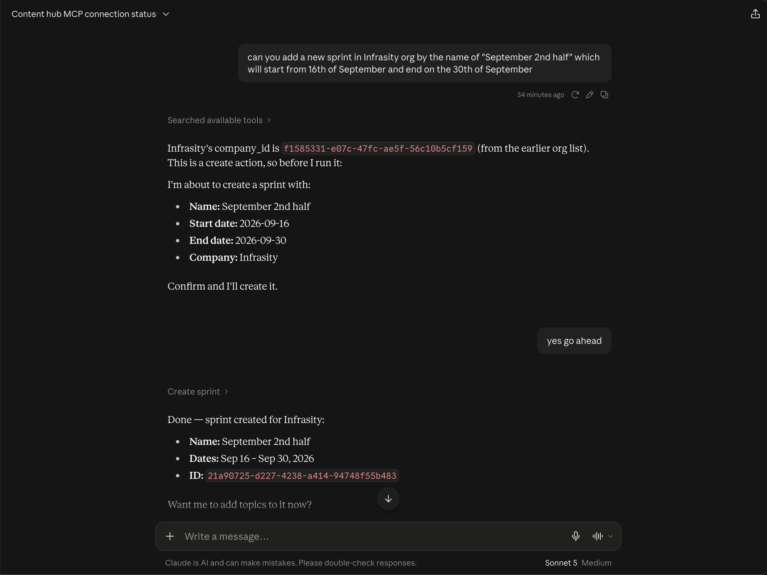 The create-sprint confirmation and the created sprint's confirmed details