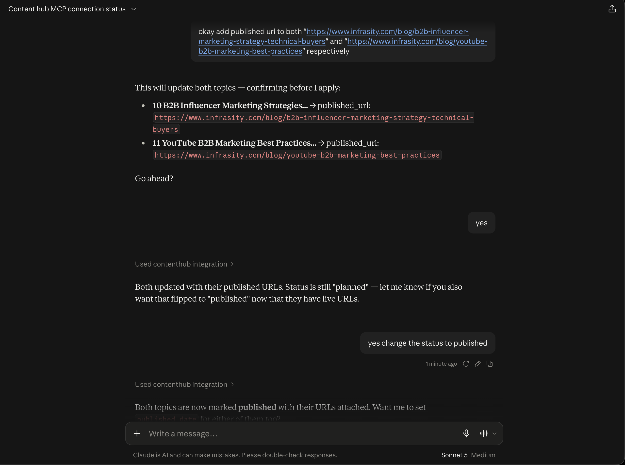 Claude confirming the published URL update, then flipping both topics to published status