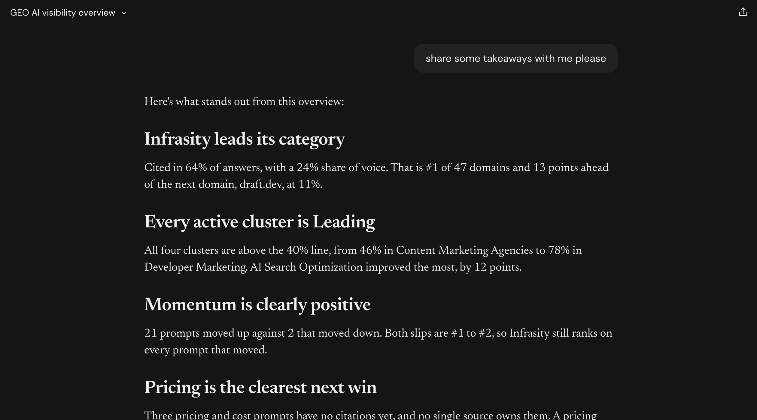 Claude's four takeaways on the GEO overview, ending with an offer to break the data down by engine (part 1 of 2)