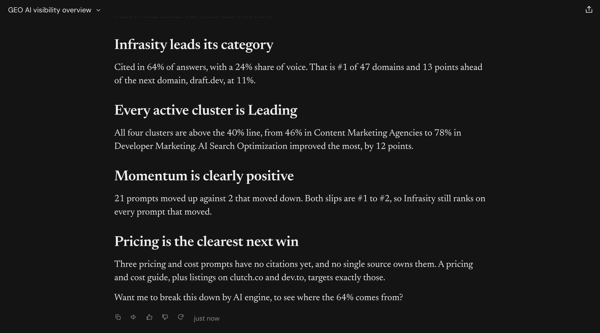 Claude's four takeaways on the GEO overview, ending with an offer to break the data down by engine (part 2 of 2)