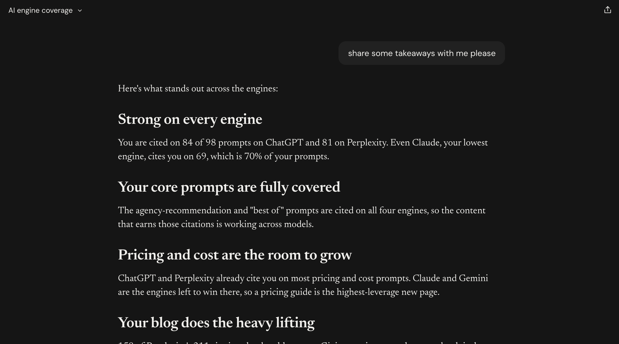 Claude's takeaways on engine coverage, ending with an offer to check the listicles (part 1 of 2)