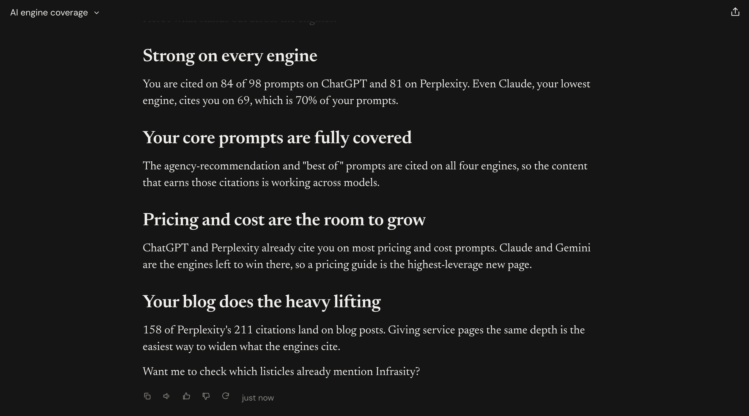 Claude's takeaways on engine coverage, ending with an offer to check the listicles (part 2 of 2)