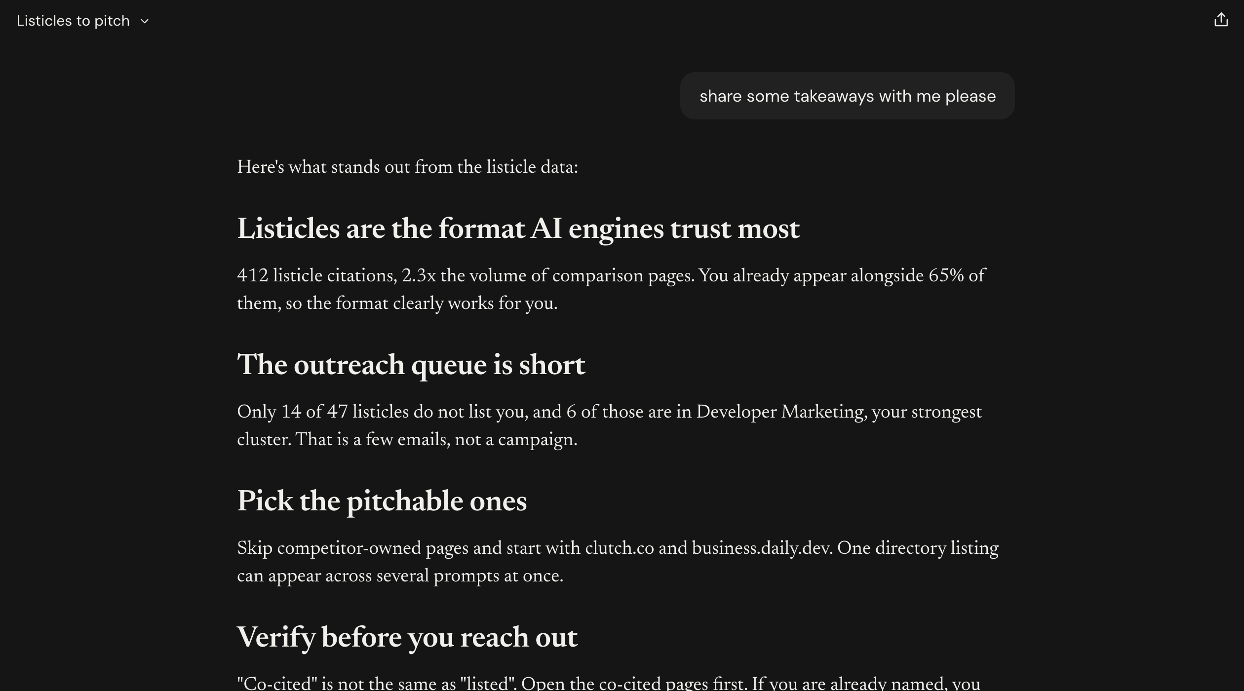 Claude's four takeaways on the listicle data, ending with an offer to pull the engine breakdown (part 1 of 2)