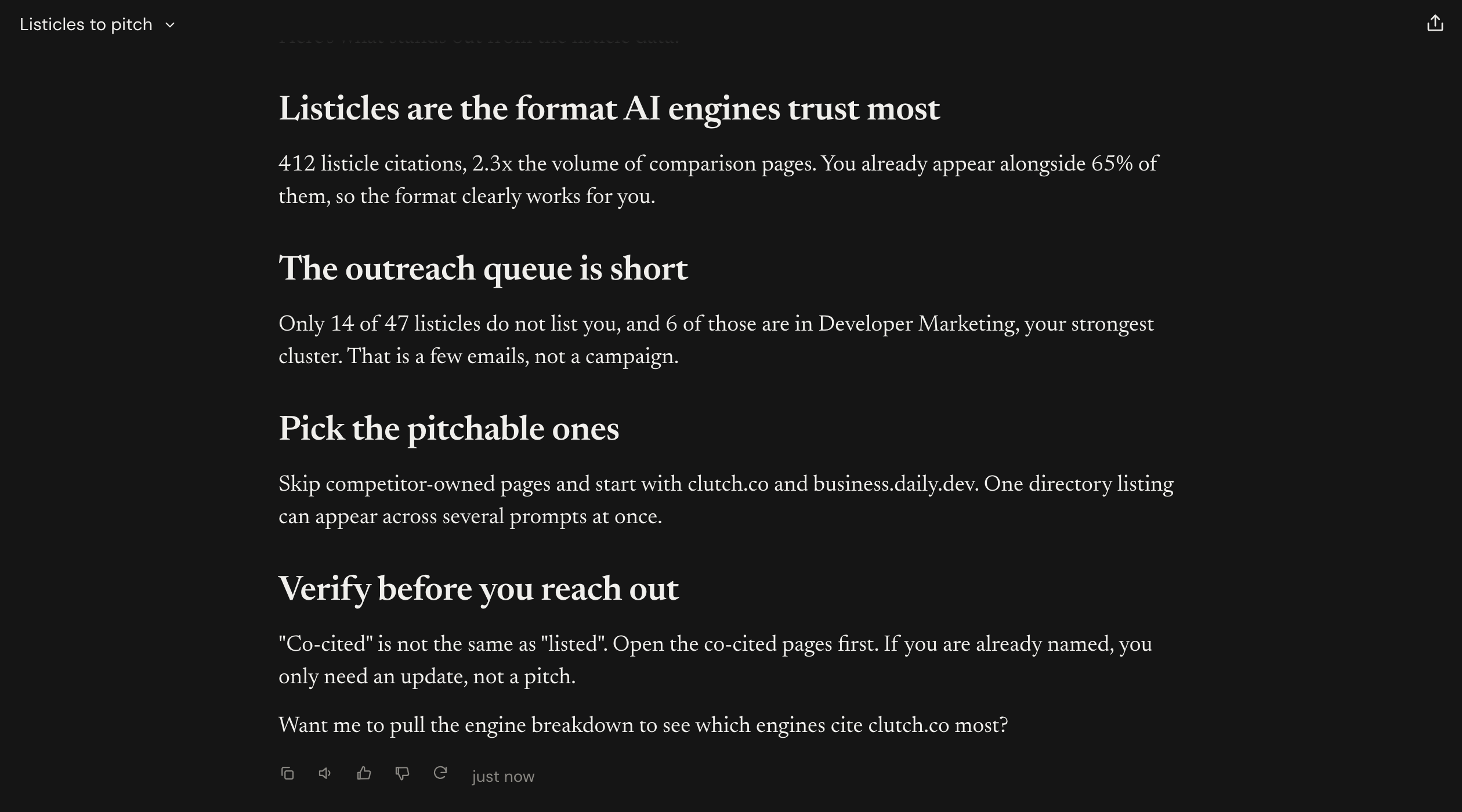Claude's four takeaways on the listicle data, ending with an offer to pull the engine breakdown (part 2 of 2)