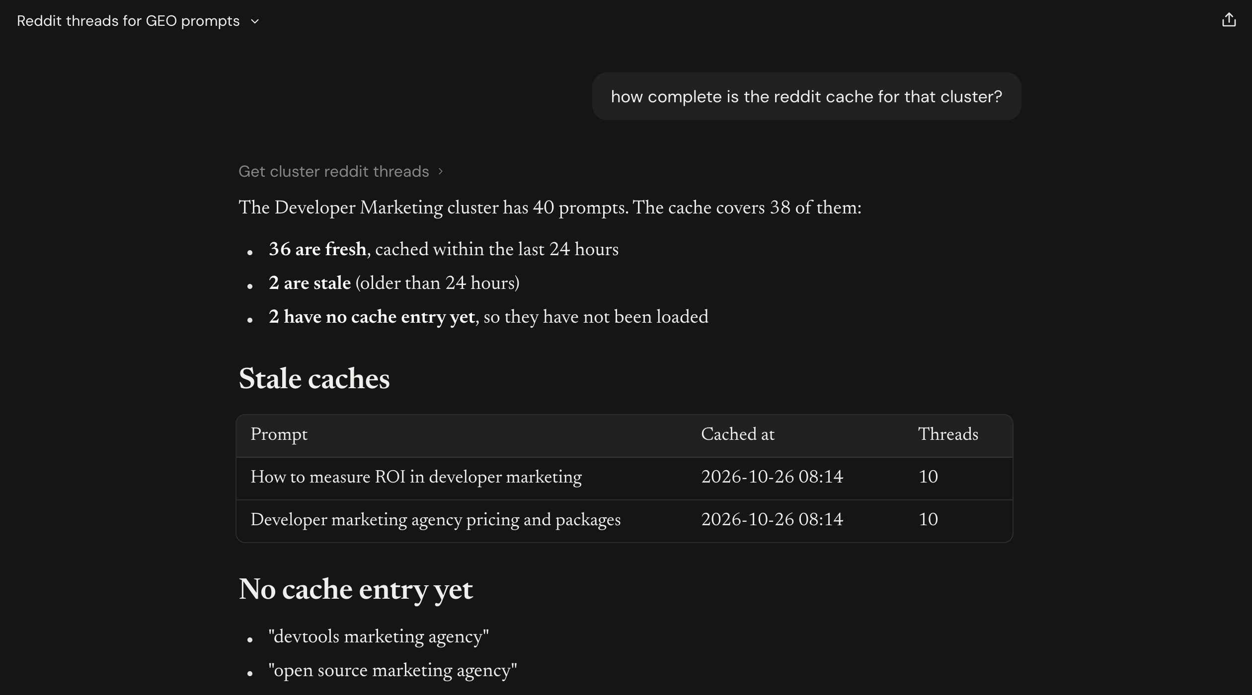 Cache coverage for the Developer Marketing cluster, with the two stale prompts and the two prompts that have no cache entry yet (part 1 of 2)
