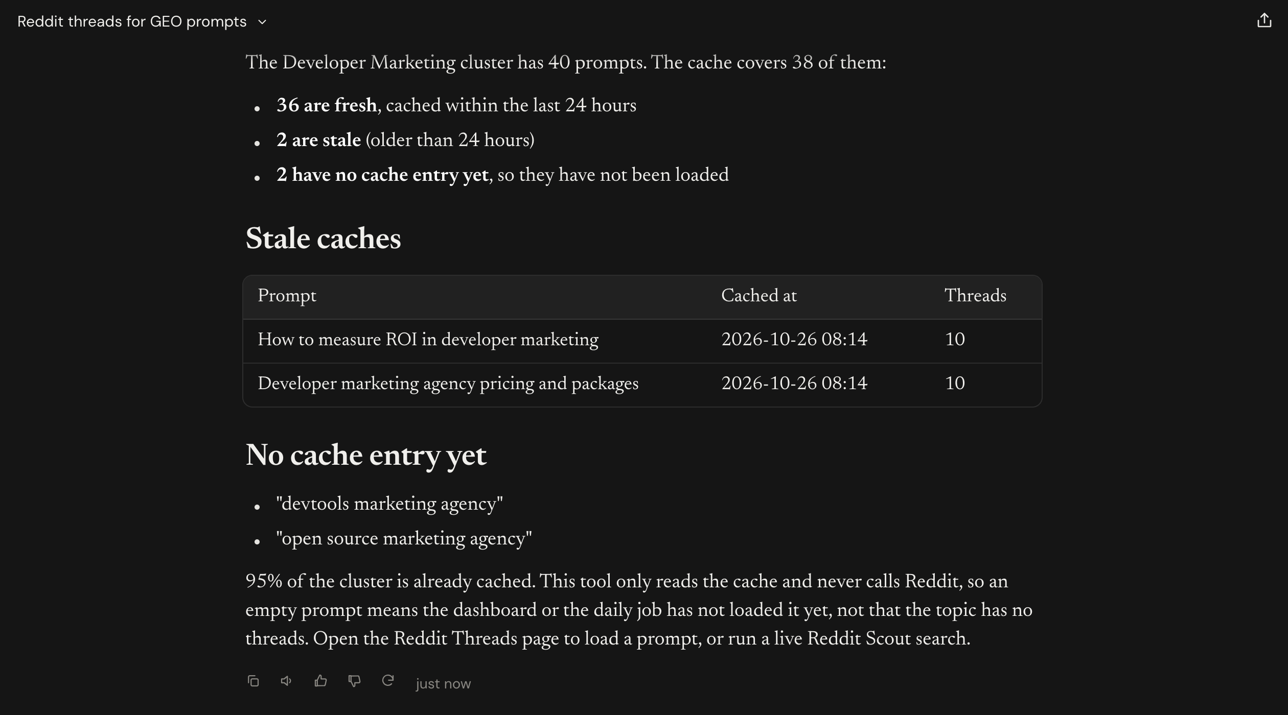 Cache coverage for the Developer Marketing cluster, with the two stale prompts and the two prompts that have no cache entry yet (part 2 of 2)