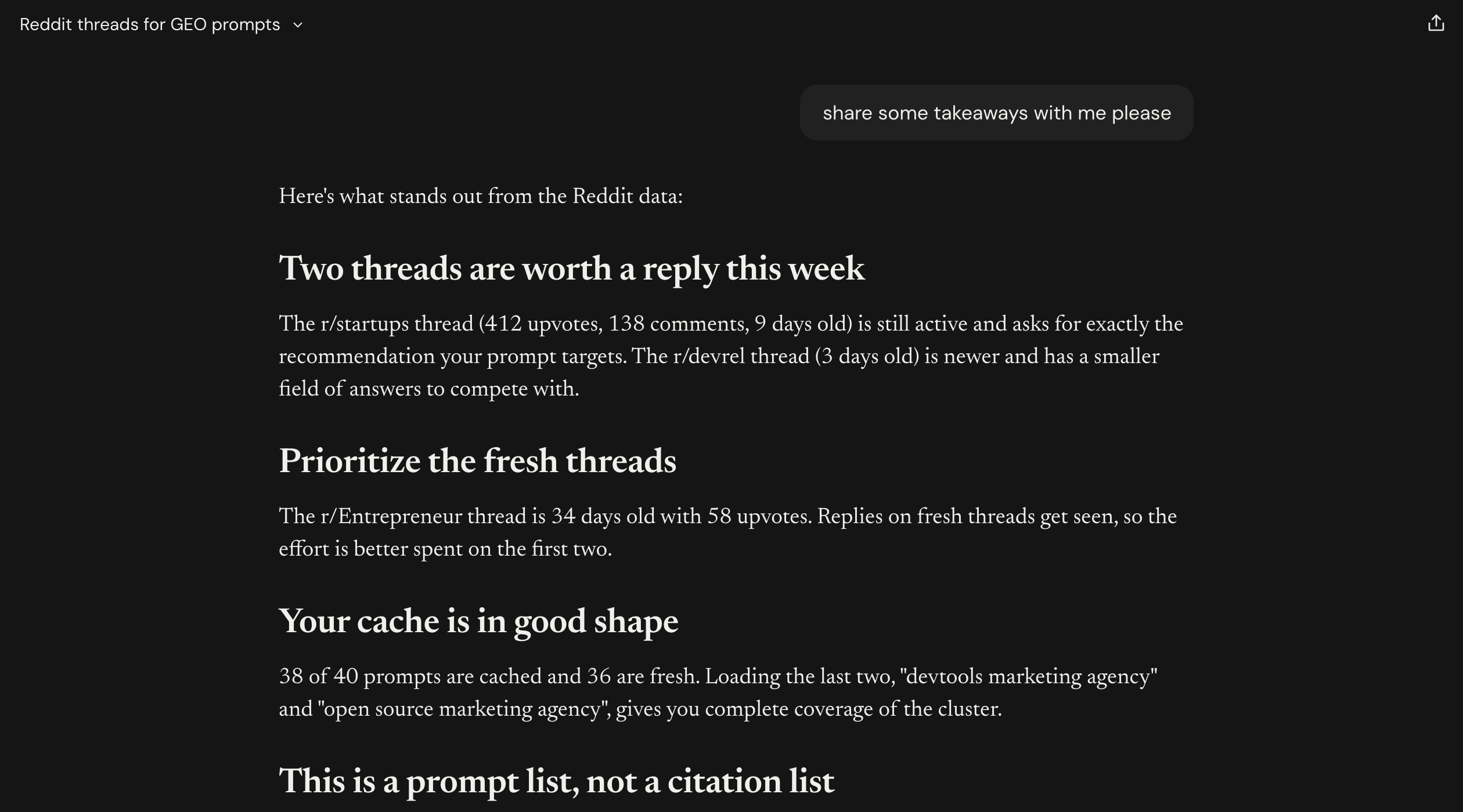 Claude's takeaways on the Reddit data, ending with an offer to pull cited threads (part 1 of 2)