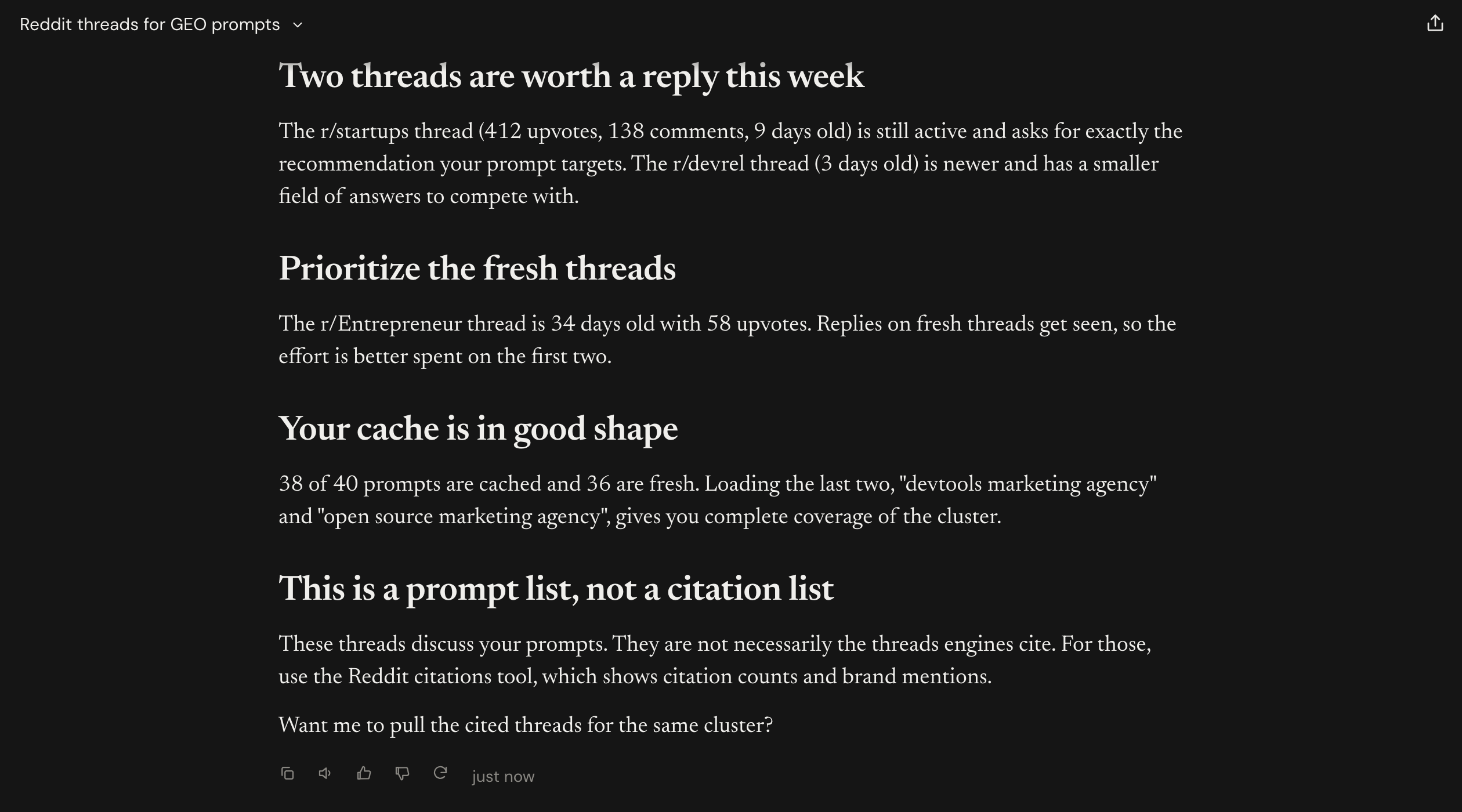 Claude's takeaways on the Reddit data, ending with an offer to pull cited threads (part 2 of 2)