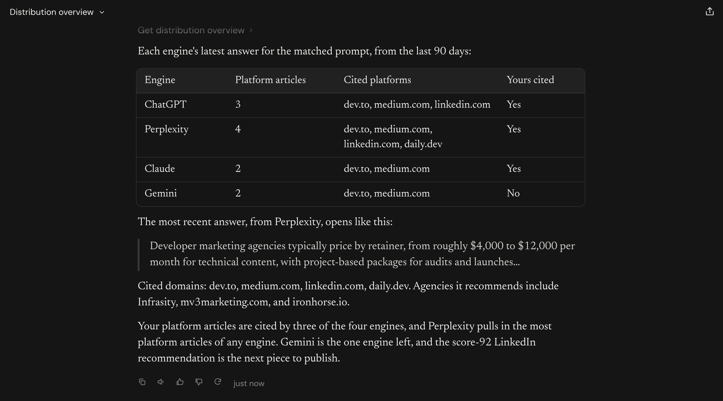 Per-engine answers for the matched prompt, with platform articles cited, an answer excerpt, and a suggested next platform (part 2 of 2)