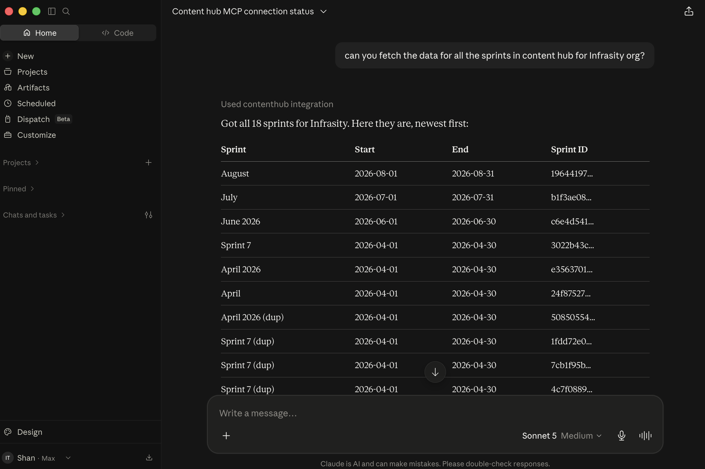 Claude's response listing all 18 sprints for Infrasity, newest first, including duplicate Sprint 7 and April 2026 entries