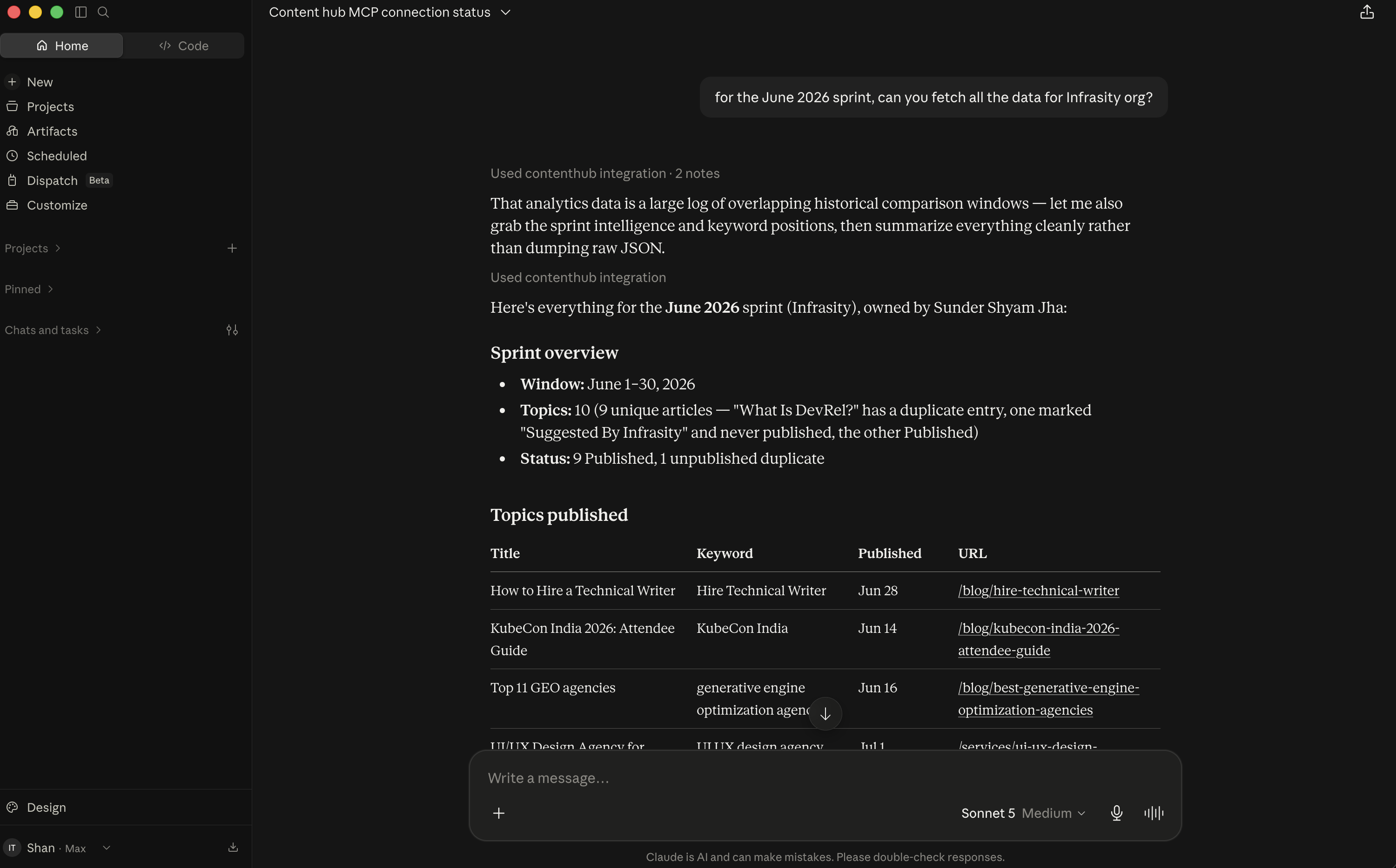 Sprint overview and the topics published table for the June 2026 sprint