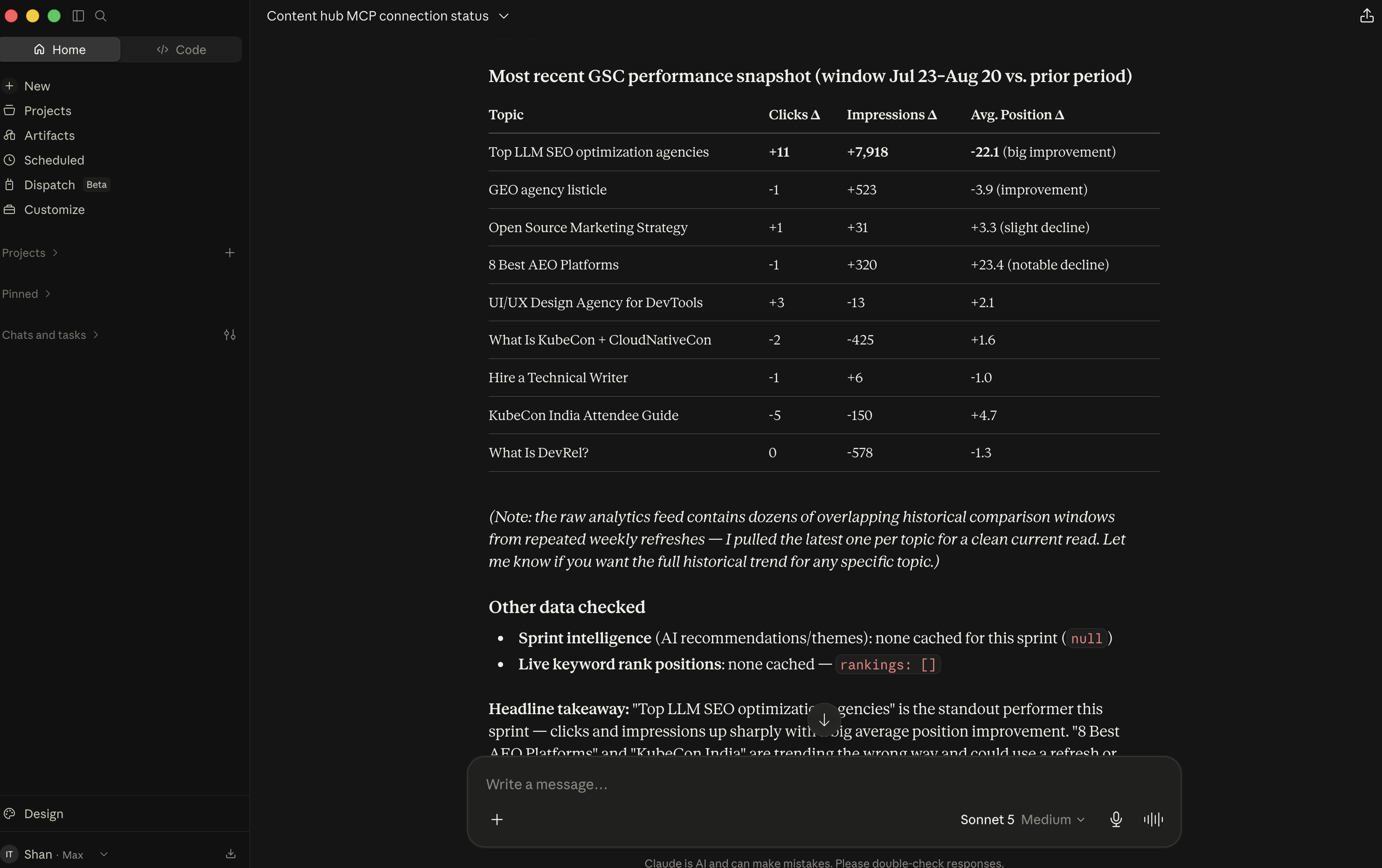 GSC performance snapshot table and headline takeaway for the June 2026 sprint