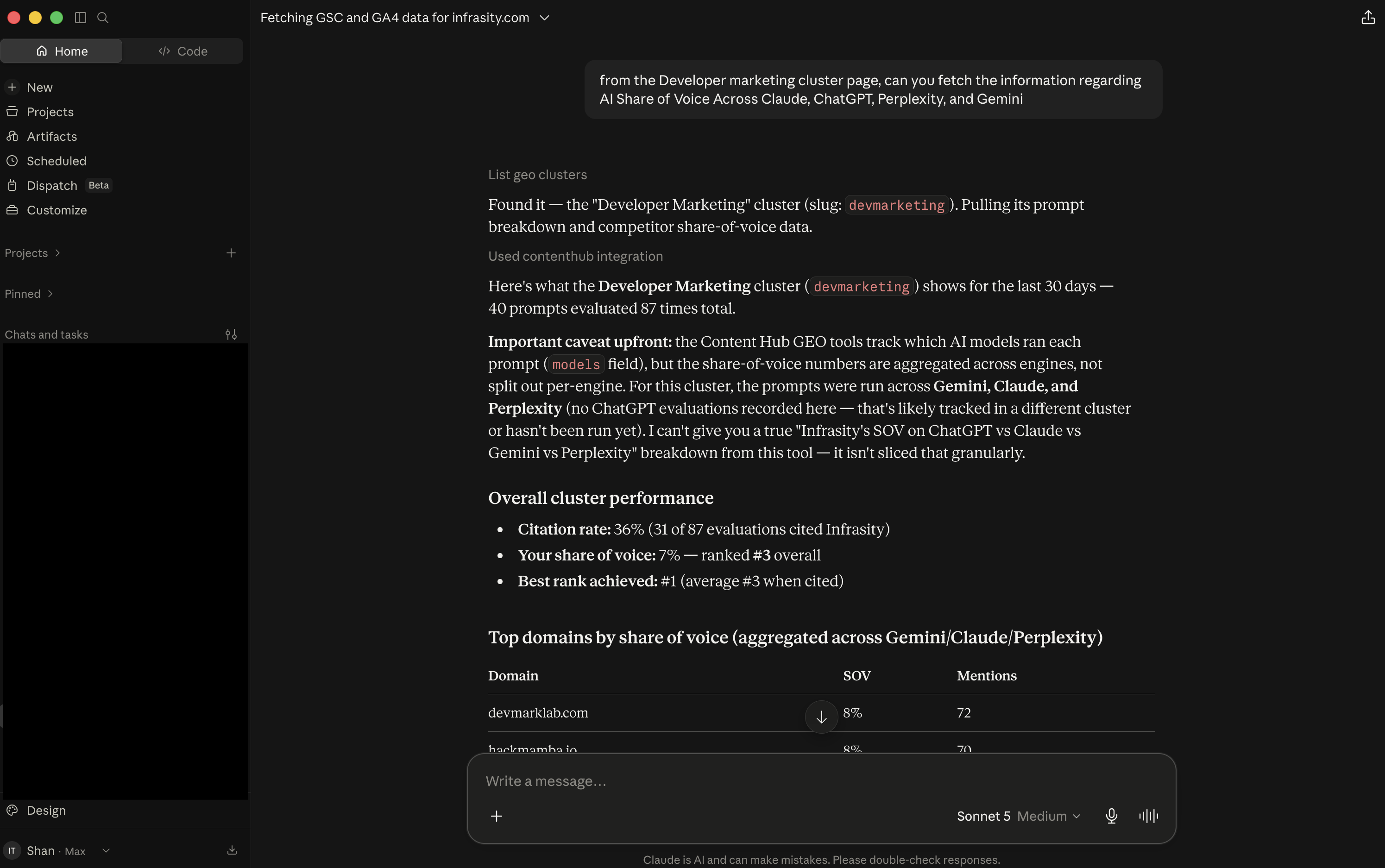 The caveat, overall cluster performance, and the start of the top domains table