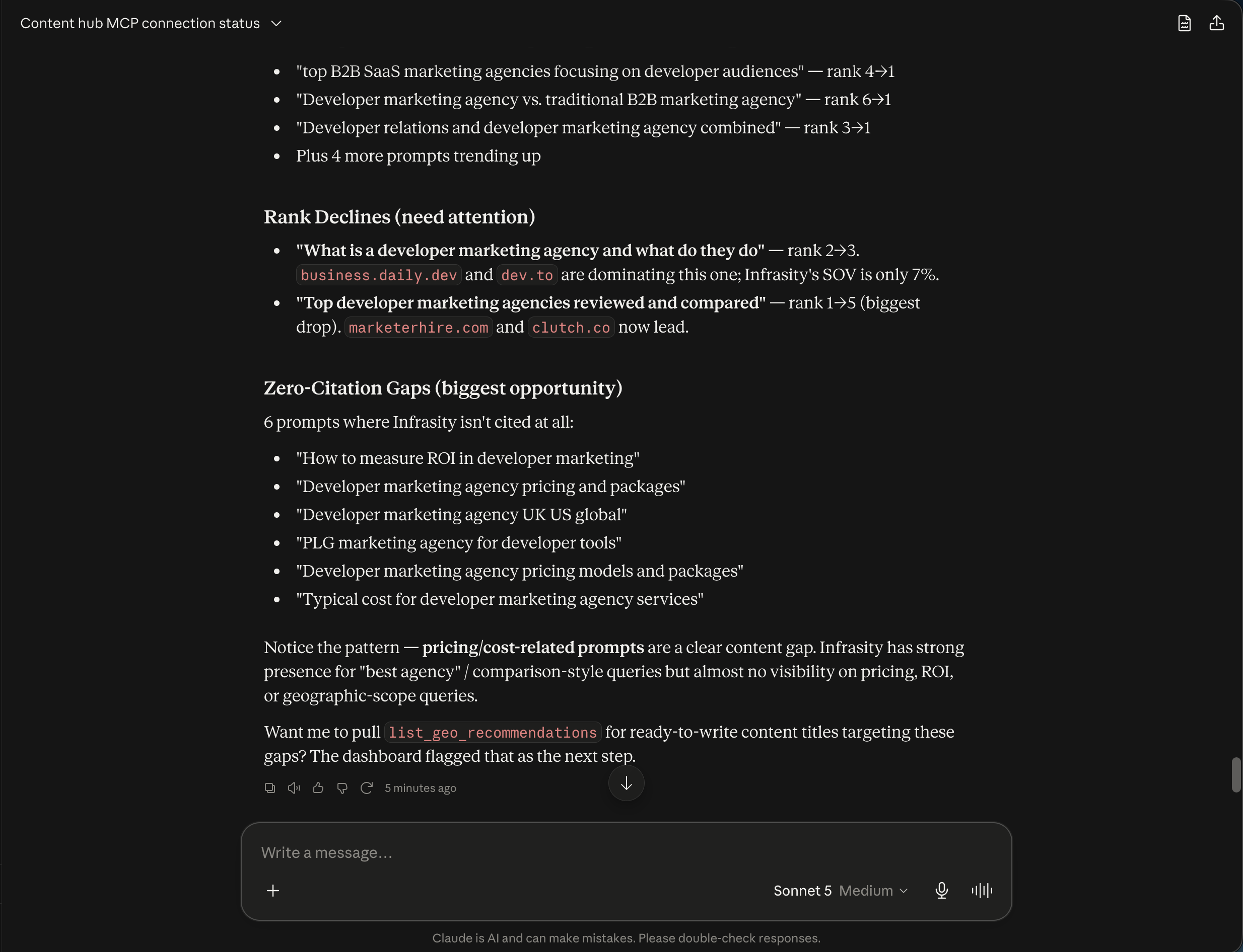 The rest of the improving prompts, rank declines, and the zero-citation gaps list