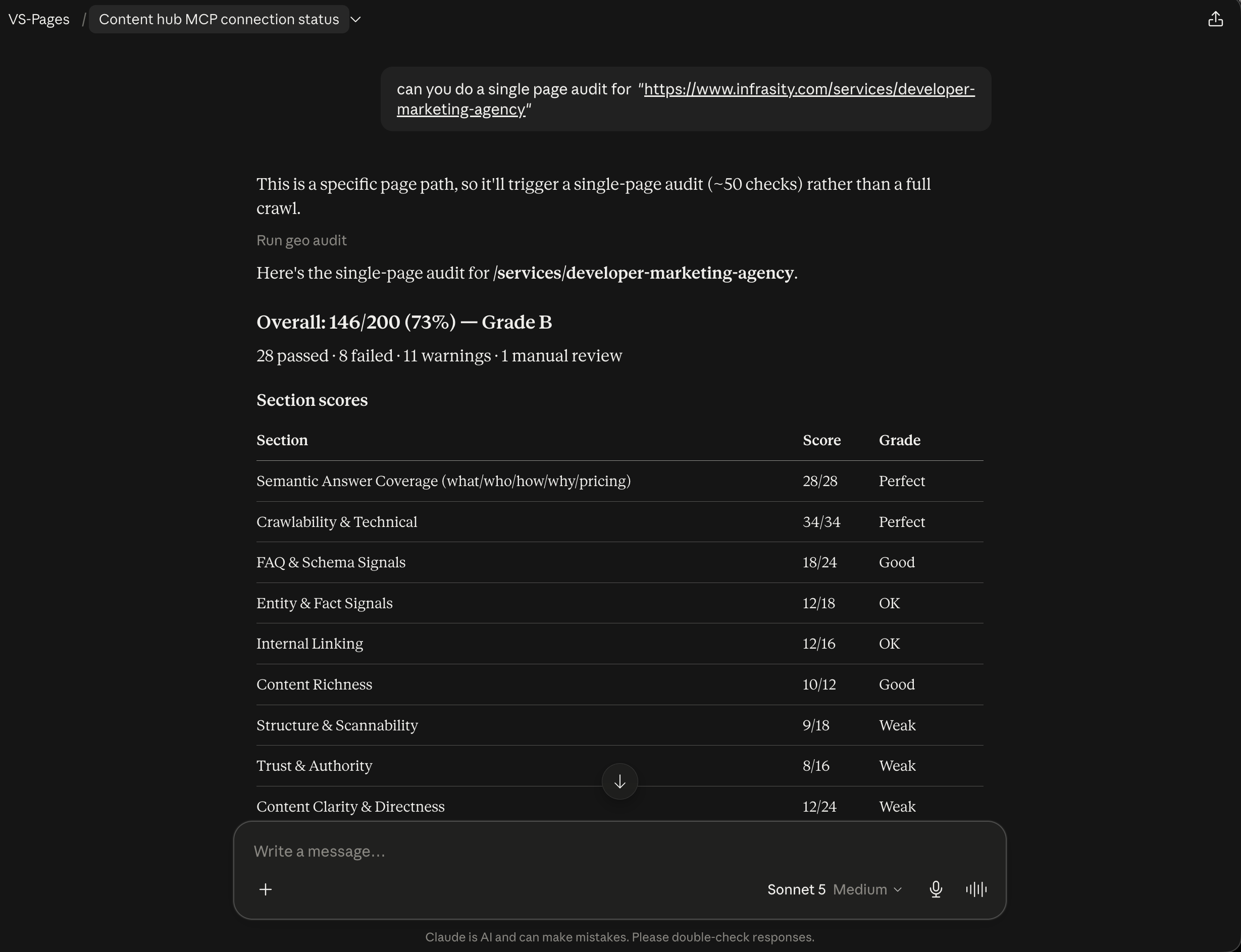 The single-page audit trigger note, overall score, and section scores table