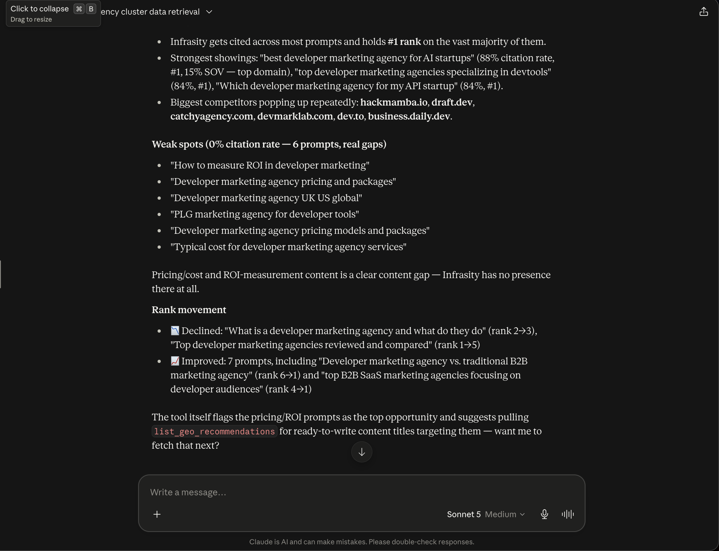 The content-gap callout and the rank movement summary