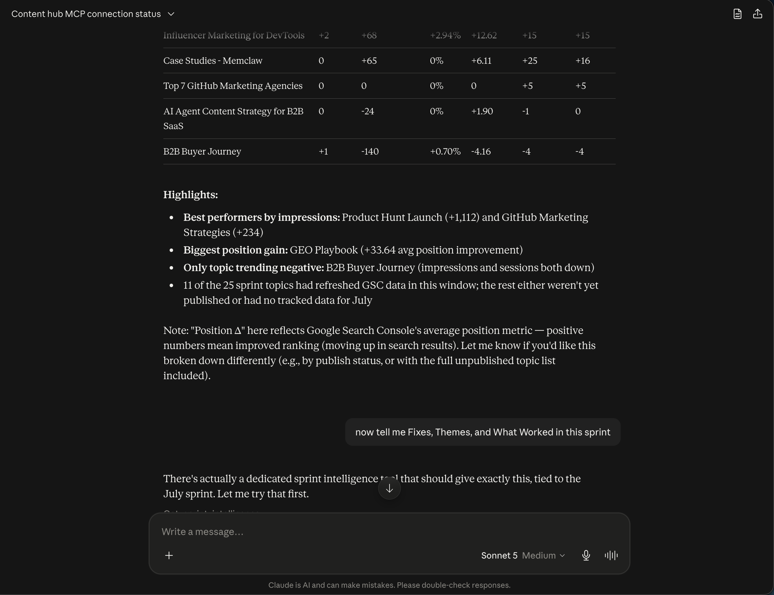 The rest of the table plus the highlights and the position-metric note